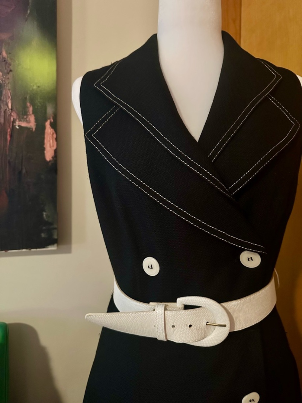 Julian Taylor Black Sleeveless Midi Dress with White Buttons and Belt - Picture 2 of 4